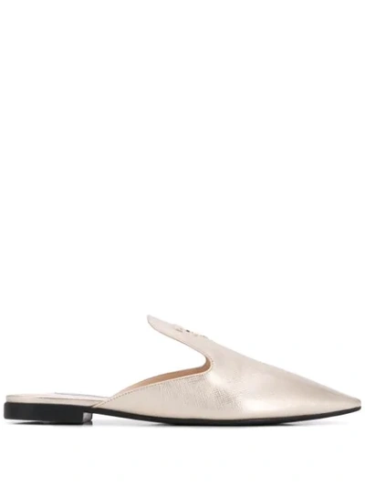Prada Flat Leather Mules With Logo In Gold