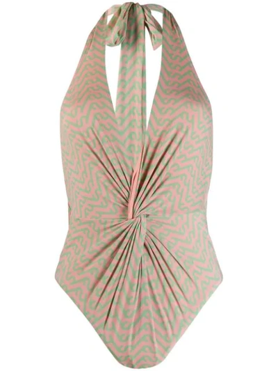 Self-portrait Self Portrait Monogram V-neck Swimsuit In Pink,green