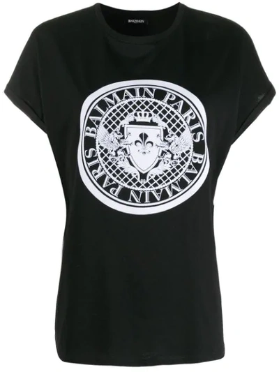 Balmain Flocked Coin Logo Cotton Jersey T-shirt In Black