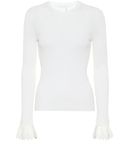 Chloé Organza-trimmed Ribbed-knit Sweater In White