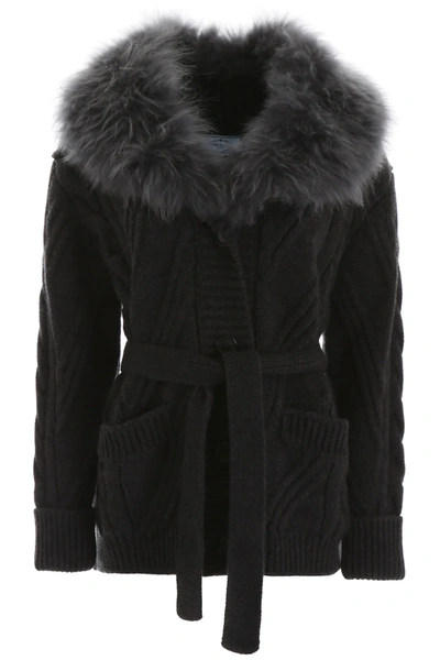 Prada Maxi Cardigan With Fur In Grey