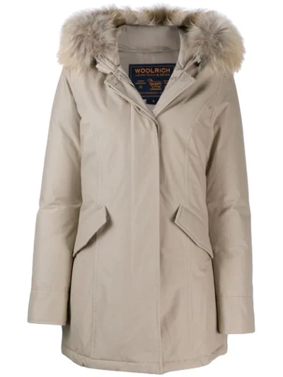 Woolrich Faux Fur Hooded Coat In Neutrals