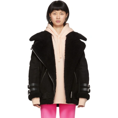 Acne Studios Black Suede Shearling Aviator Jacket In Black/black