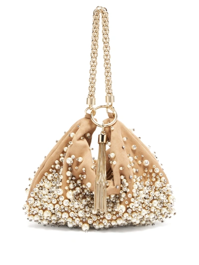 Jimmy Choo Callie Degrade Imitation Pearl Embellished Suede Clutch In Nude