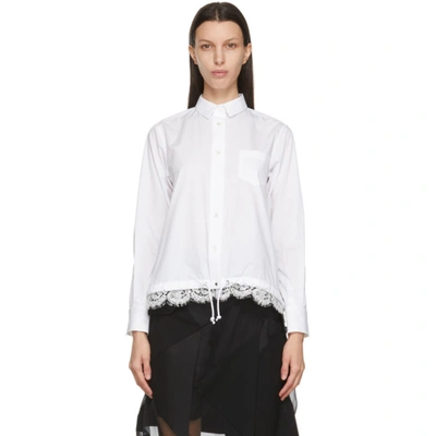 Sacai Button-front Boxy Striped Poplin Shirt W/ Lace Hem In 101 White