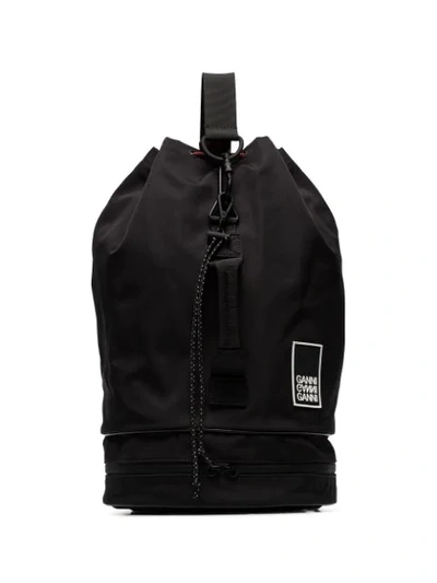 Ganni Triple-strap Drawstring Backpack In Black