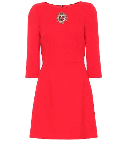 Dolce & Gabbana Three-quarter Sleeve Embellished Heart Wool Dress In Red