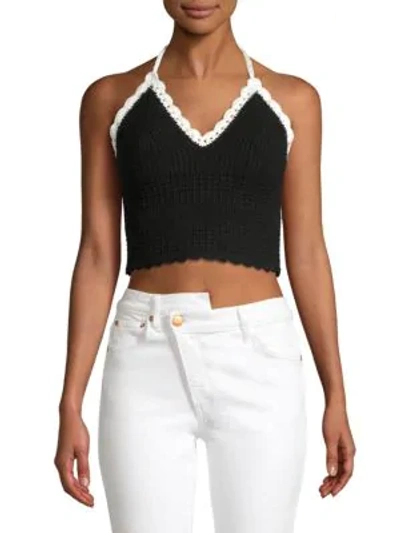 Alice And Olivia Saran Cropped Halter Top In Black/soft White