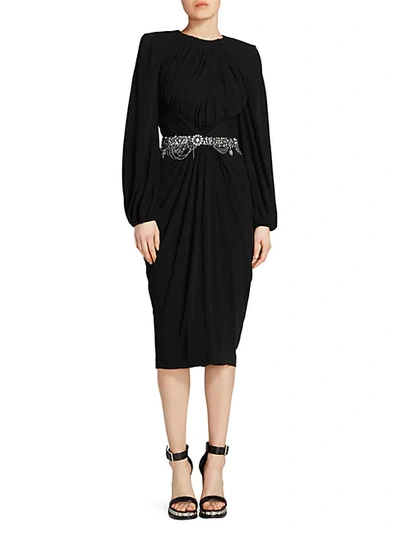 Alexander Mcqueen Crystal Belted Ruched Jersey Dress In Black