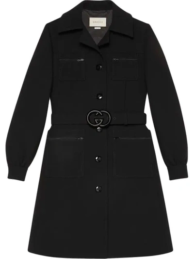 Gucci Interlocking-g Belt Wool Coat In Black