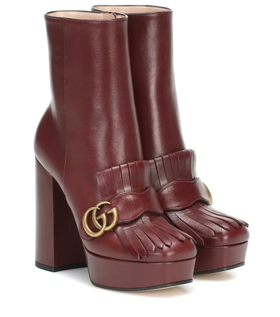 Gucci Leather Platform Ankle Boot With Fringe In Bordeaux
