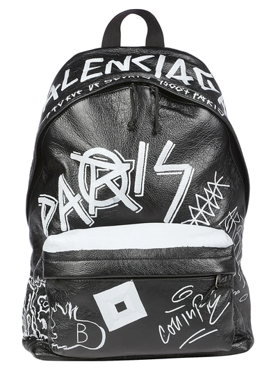 Balenciaga Men's Graffiti Explorer Leather Backpack In Black