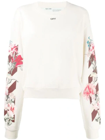 Off-white Floral And Logo-print Cotton-jersey Sweatshirt In White