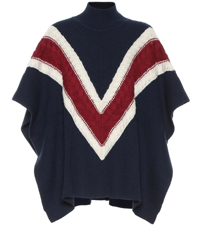 See By Chloé Striped Wool And Cotton-blend Poncho In Dark Blue
