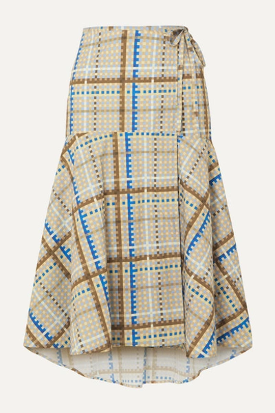 Ganni Tiered Checked Cotton-poplin Wrap Skirt In Light Blue