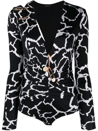 Versace Embellished Cutout Printed Satin Bodysuit In Black