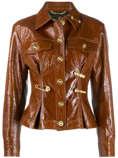 Versace Embellished Textured Patent-leather Peplum Jacket In Brown