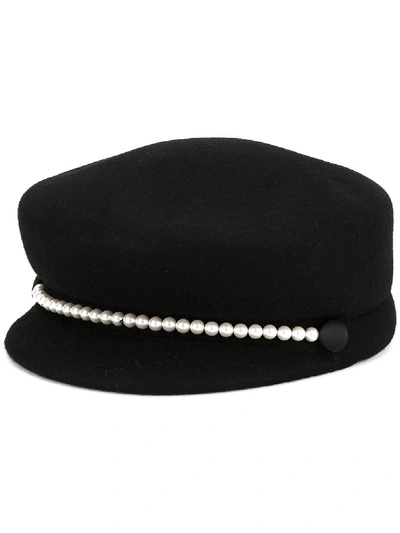 Eugenia Kim Sabrina Wool Newsboy Hat W/ Swarovski Pearl Trim In Black