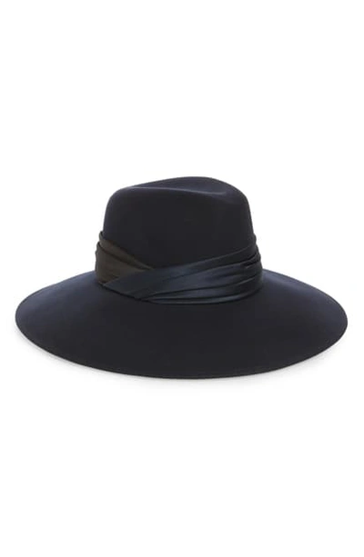 Eugenia Kim Emmanuelle Wool Fedora Hat W/ Ruched Hat Band In Navy