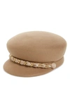 Eugenia Kim Sabrina Wool Newsboy Hat W/ Golden Curb Chain Detail In Camel