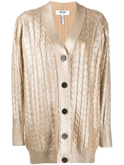 Msgm Metallic Cable-knit Wool-blend Cardigan In Gold