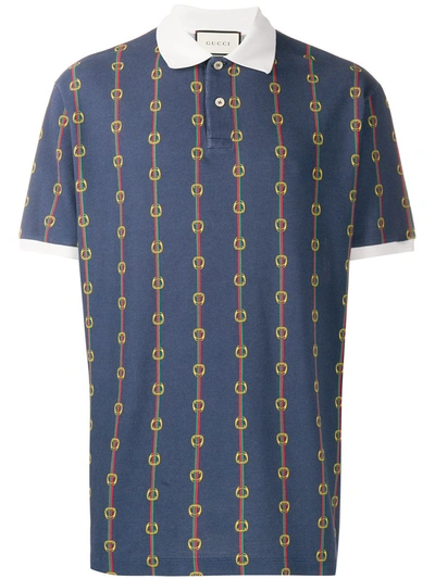 Gucci Horsebit Chain Print Oversized Polo Shirt In Blue