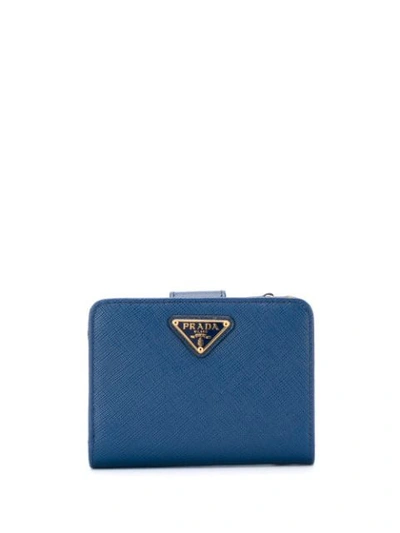 Prada Leather Logo Wallet In Blue