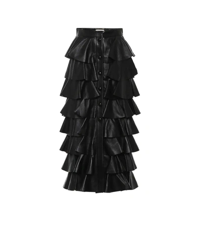 Saint Laurent Ruffle-tiered Leather Button-front Skirt In Black 