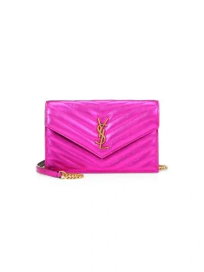 Saint Laurent Small Monogram Matelassé Metallic Leather Wallet-on-chain In Fuchsia