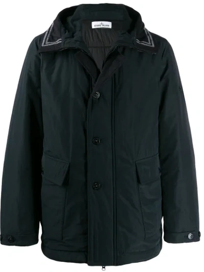 Stone Island Hooded Fitted Coat In Blue