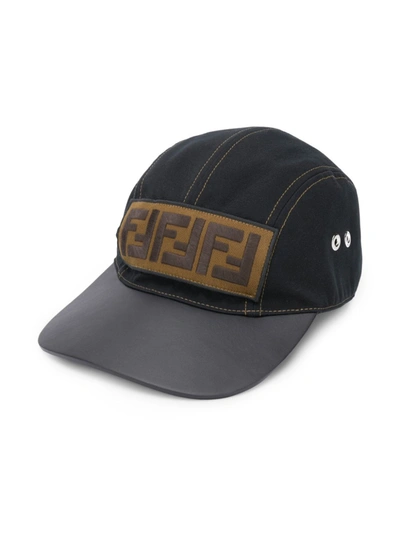Fendi Leather Visor Ff Logo Hat In Black