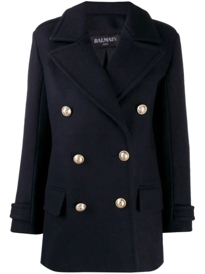 Balmain Double Breasted Coat In Blue
