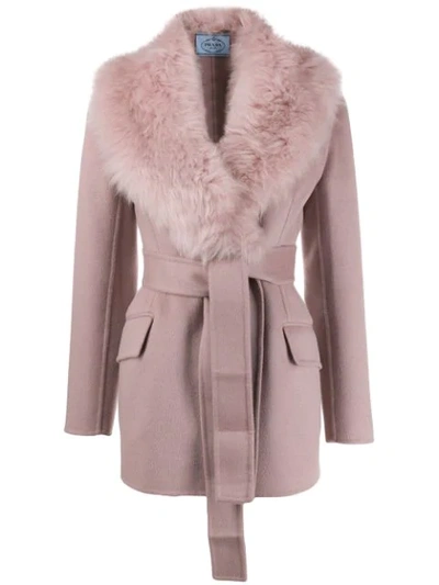 Prada Furry Collar Belted Coat In Pink