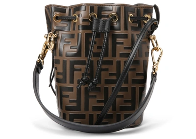 Pre-owned Fendi  Mon Tresor Bucket Bag Zucca Embossed Small Tobacco Black