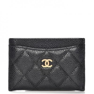 Pre-owned Chanel  Cc Card Holder Quilted Diamond Caviar Gold-tone Black