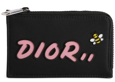 Pre-owned Dior  X Kaws Zipped Card And Coin Holder Pink Logo Nylon Black