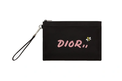 Pre-owned Dior  X Kaws Pouch Pink Logo Nylon Black