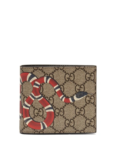 Gucci Gg Supreme And Kingsnake-print Bi-fold Wallet In Beige