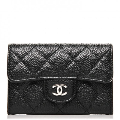 Pre-owned Chanel  Card Holder Quilted Caviar Silver-tone Black