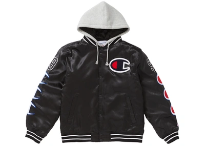 Pre-owned Supreme  Champion Hooded Satin Varsity Jacket Black