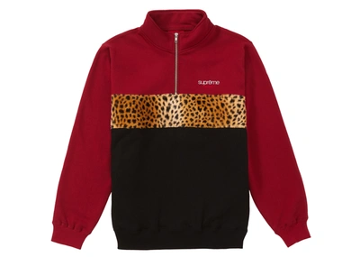Pre-owned Supreme  Leopard Panel Half Zip Sweatshirt Cardinal