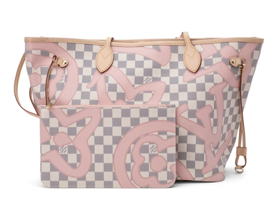 Pre-owned Louis Vuitton Neverfull Damier Azur Tahitienne Mm Rose Ballerine Lining