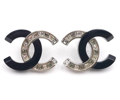 Pre-owned Chanel Art Deco Cc Crystal Earrings Black/silver