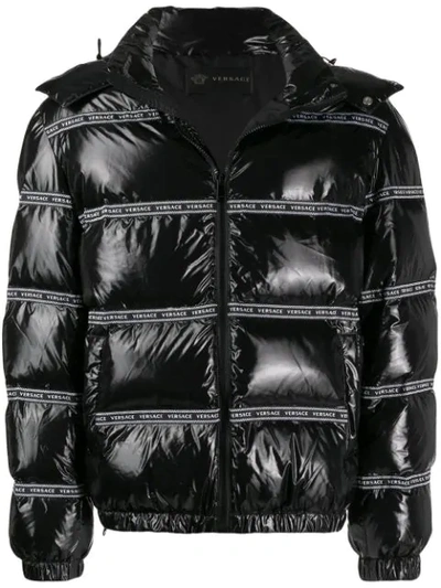 Versace Logo Trimmed Puffer Jacket In Black