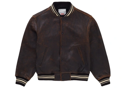 Pre-owned Supreme  Worn Leather Varsity Jacket Black