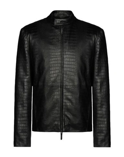Armani Collezioni Embossed Cocco Print Leather Jacket In Black