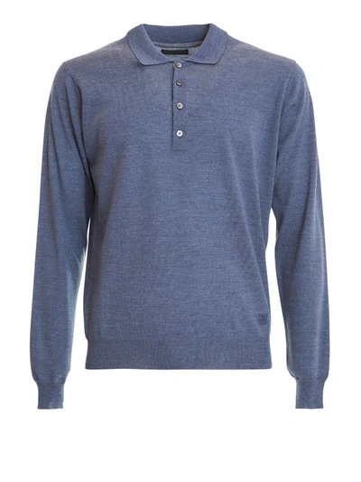 Corneliani Long Sleeves Wool Polo Shirt In Light Blue