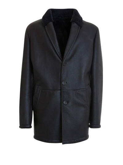 Corneliani Leather Fur Detailed Short Coat In Blue