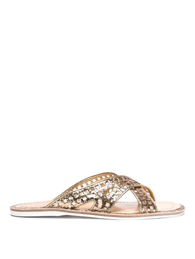 Car Shoe Glittered Leather Sandal In Gold
