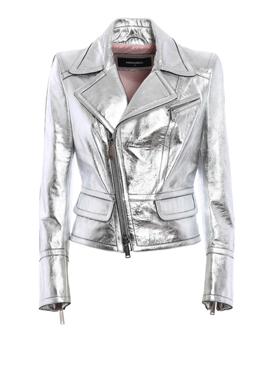 Dsquared2 Laminated Leather Waisted Jacket In Silver